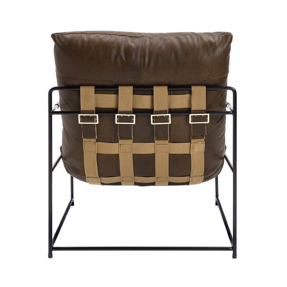 Benzara Tim 32 Inch Accent Chair, Top Grain Leather Seat, Metal Frame, Brown BM279057