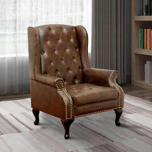 Benzara Vaugh Traditional Wing Accent Chair In Nail Head, Rustic Brown Finish BM131410