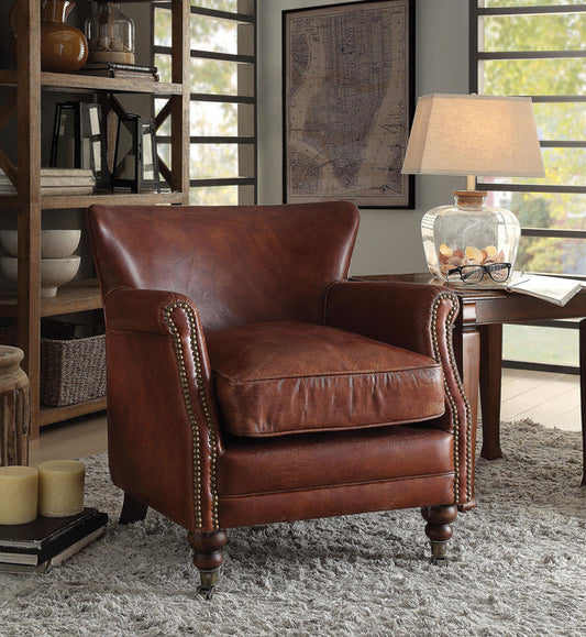 Benzara Leather Upholstered Accent Chair With Nail head Trim, Dark Brown BM177728