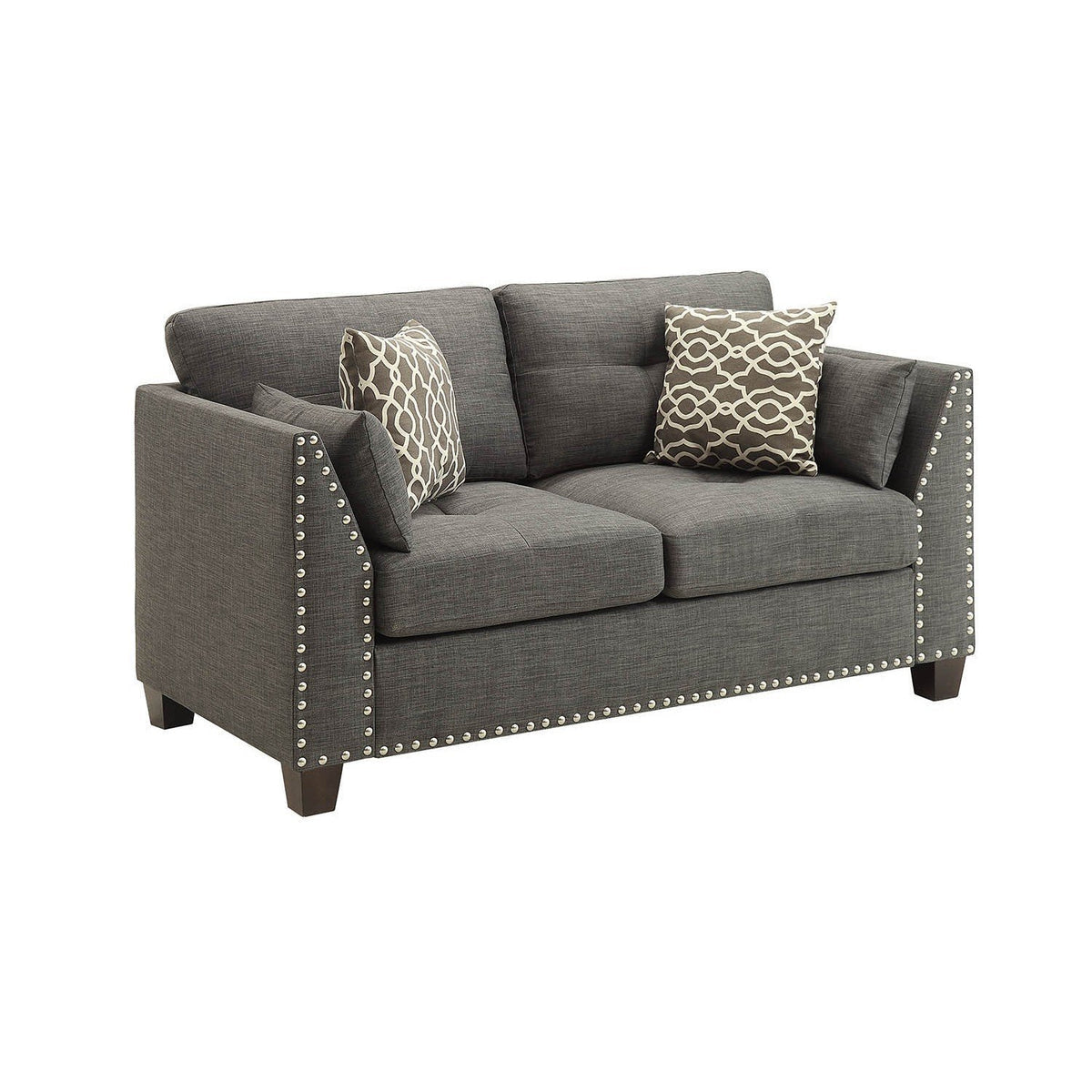 Benzara 58 Inch Modern Style Fabric Loveseat, 4 Throw Pillows, Nailhead Trim, Gray BM218551