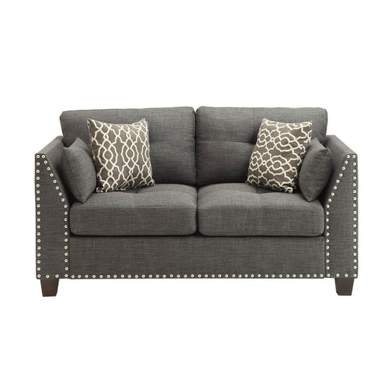 Benzara 58 Inch Modern Style Fabric Loveseat, 4 Throw Pillows, Nailhead Trim, Gray BM218551