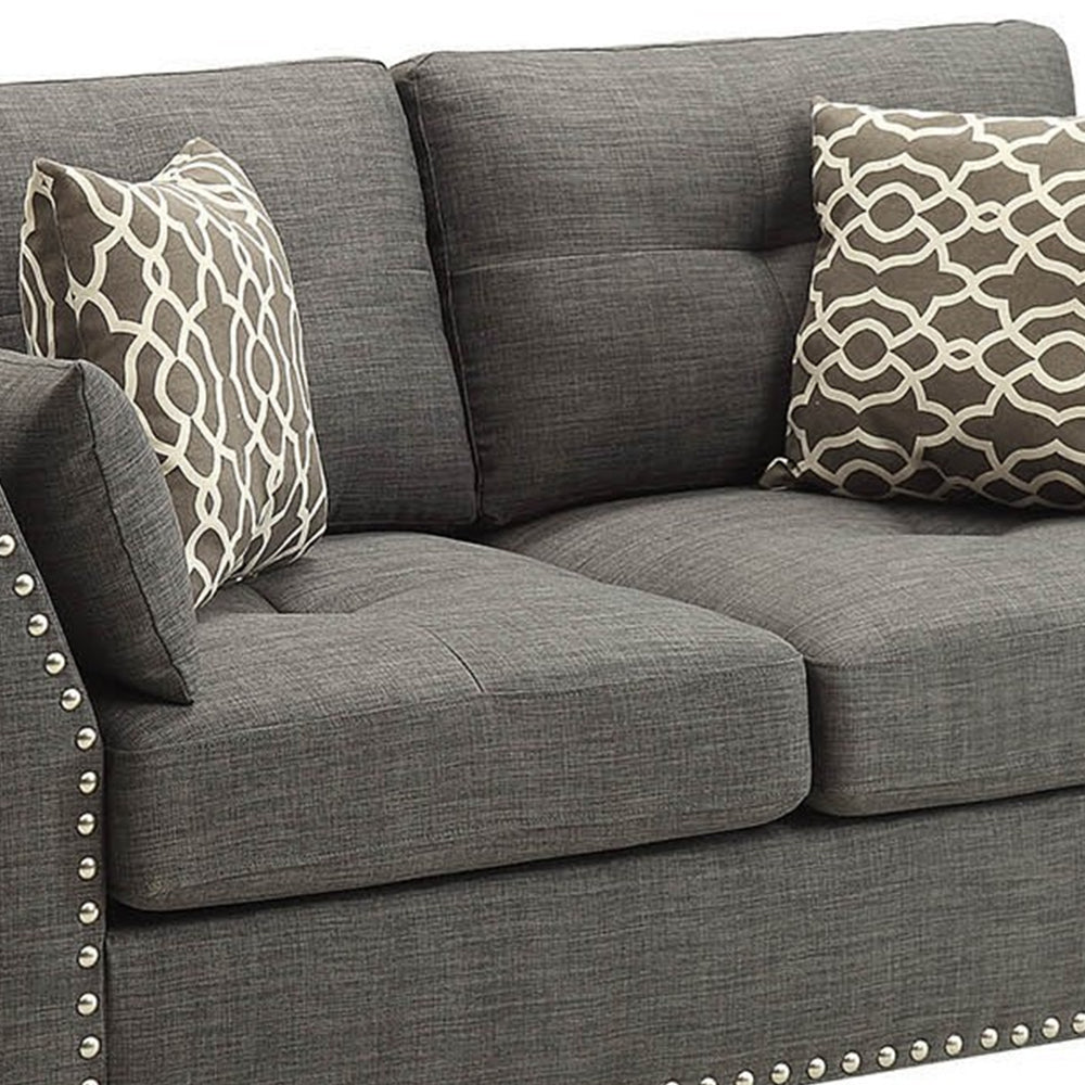 Benzara 58 Inch Modern Style Fabric Loveseat, 4 Throw Pillows, Nailhead Trim, Gray BM218551