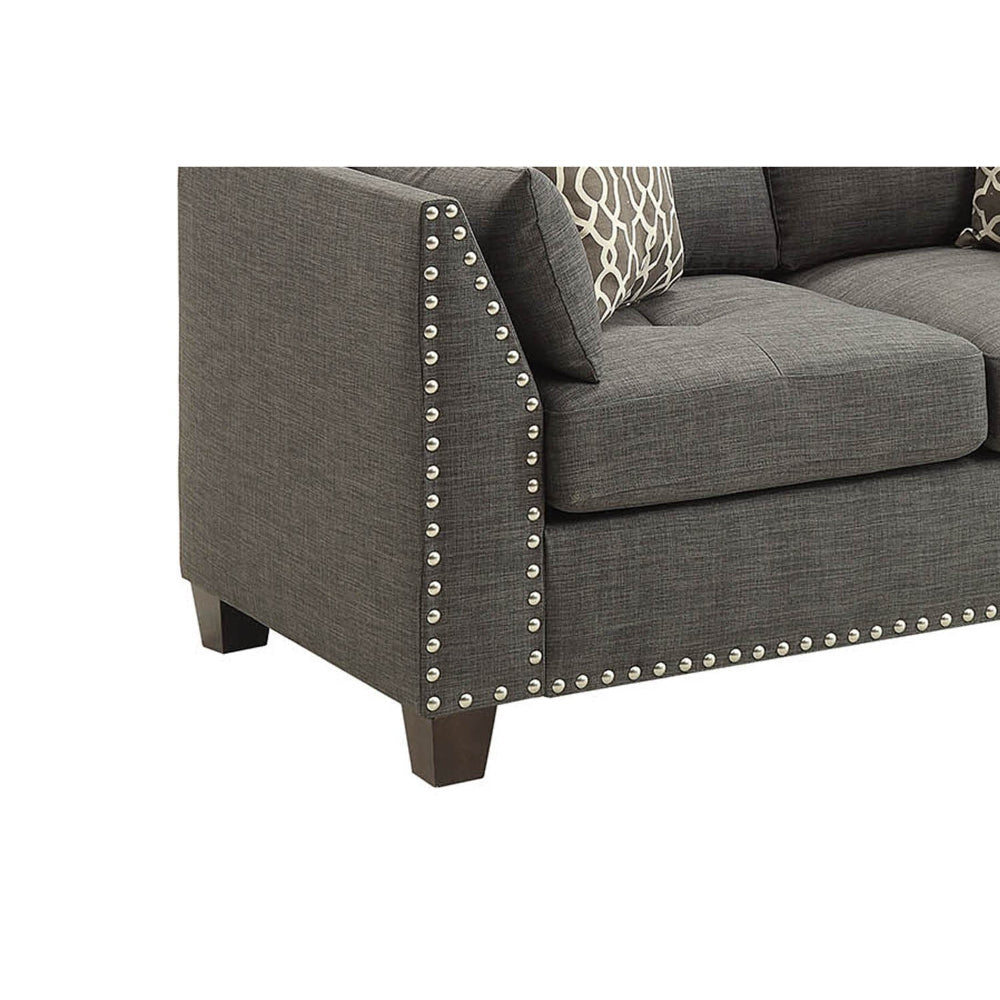 Benzara 58 Inch Modern Style Fabric Loveseat, 4 Throw Pillows, Nailhead Trim, Gray BM218551