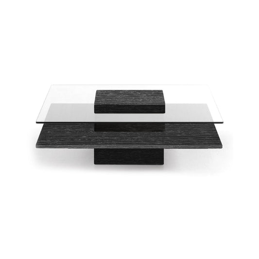 Benzara Cid 39 Inch Modern Coffee Table, Glass Top, Wood Block Pedestal Base, Black BM277248