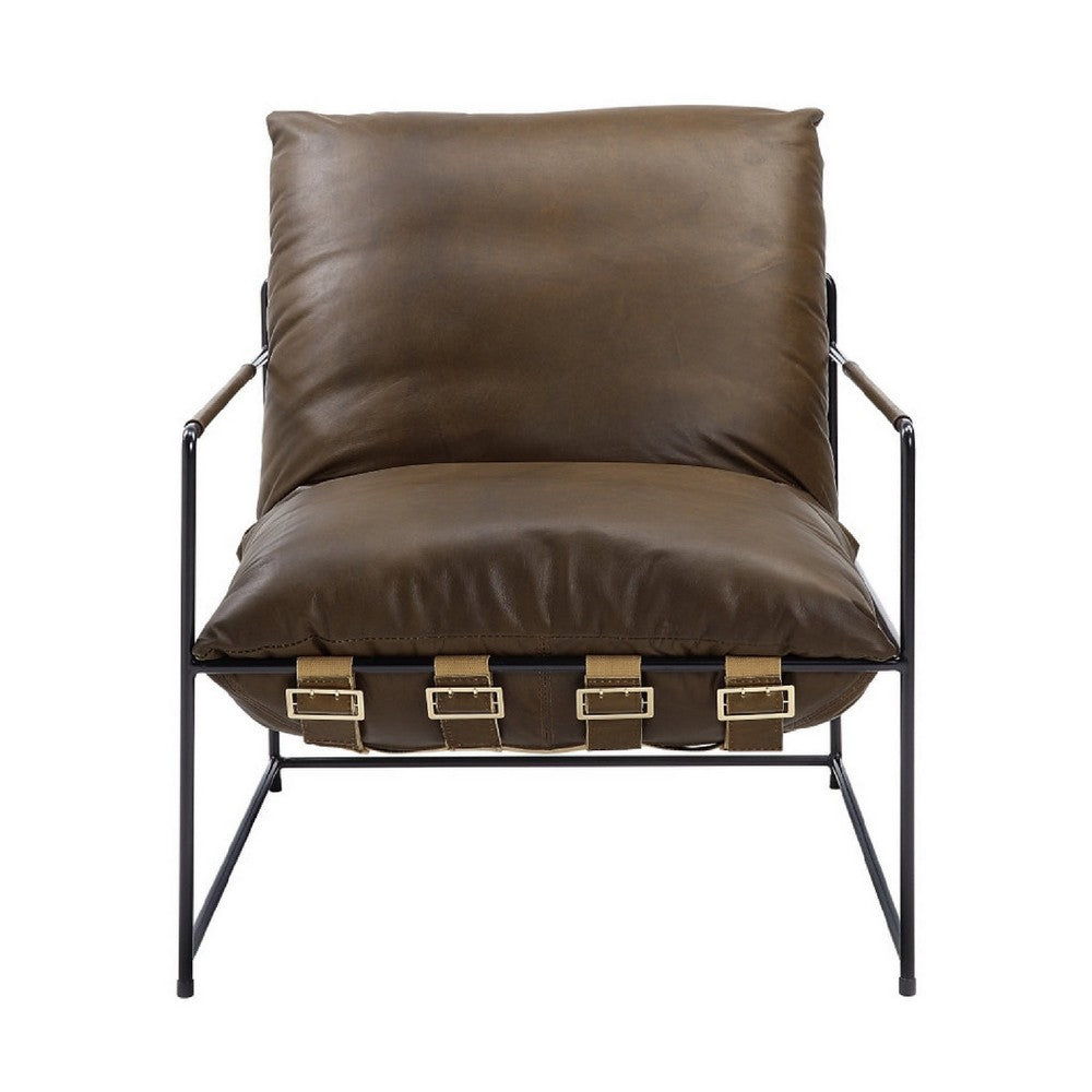 Benzara Tim 32 Inch Accent Chair, Top Grain Leather Seat, Metal Frame, Brown BM279057