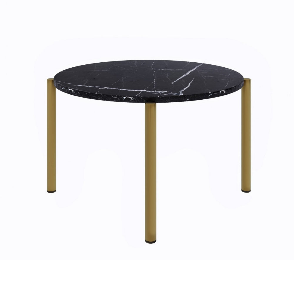 Benzara Cid Arlo 36 Inch Modern Coffee Table, Marble Top, Metal Legs, Black, Gold BM279197