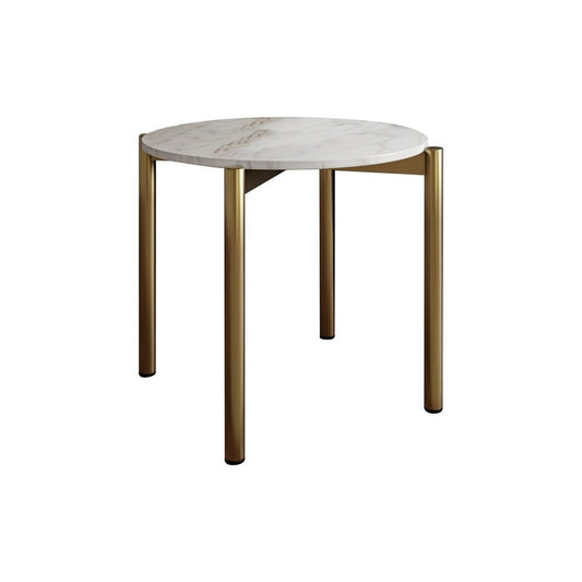 Benzara Cid Arlo 22 Inch Modern End Table, Marble Top, Metal Legs, White, Gold BM279198