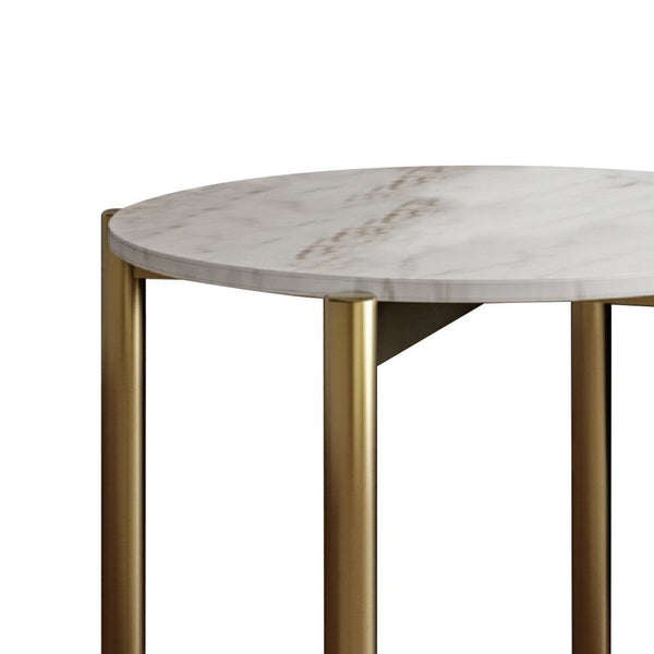 Benzara Cid Arlo 22 Inch Modern End Table, Marble Top, Metal Legs, White, Gold BM279198