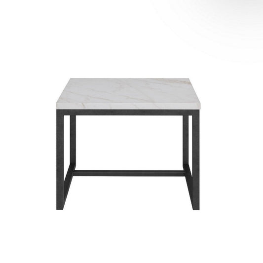 Benzara Cid 20 Inch Modern End Table, Marble Top, Metal Base, White, Black BM279199