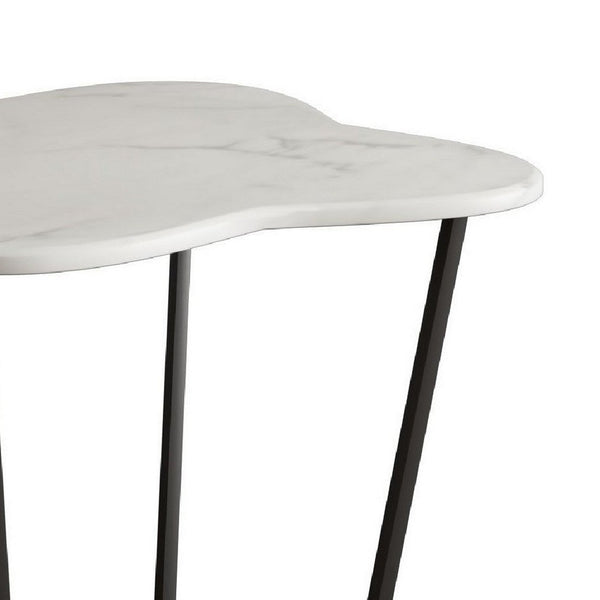 Benzara Cid 20 Inch Modern End Table, Marble Top, Metal Base Frame, White, Black BM279201