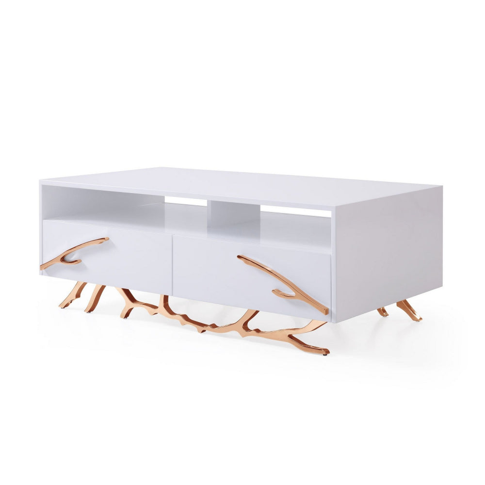 Benzara Cid 51 Inch Modern Coffee Table, 2 Drawer, 2 Shelf, Glossy White, Rose Gold BM279334