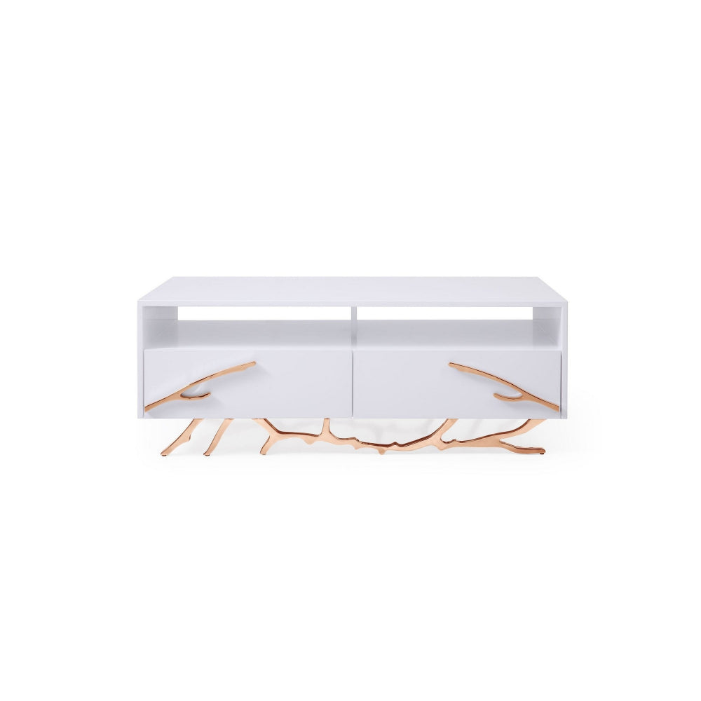 Benzara Cid 51 Inch Modern Coffee Table, 2 Drawer, 2 Shelf, Glossy White, Rose Gold BM279334