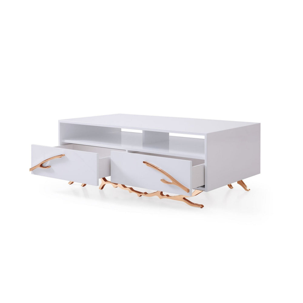 Benzara Cid 51 Inch Modern Coffee Table, 2 Drawer, 2 Shelf, Glossy White, Rose Gold BM279334