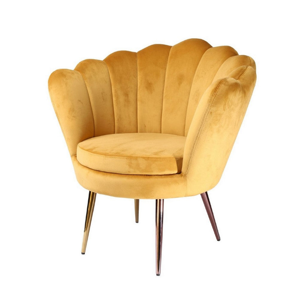 Benzara Cid 32 Inch Modern Accent Chair, Channel Tufted Back, Seashell Form, Yellow BM279355