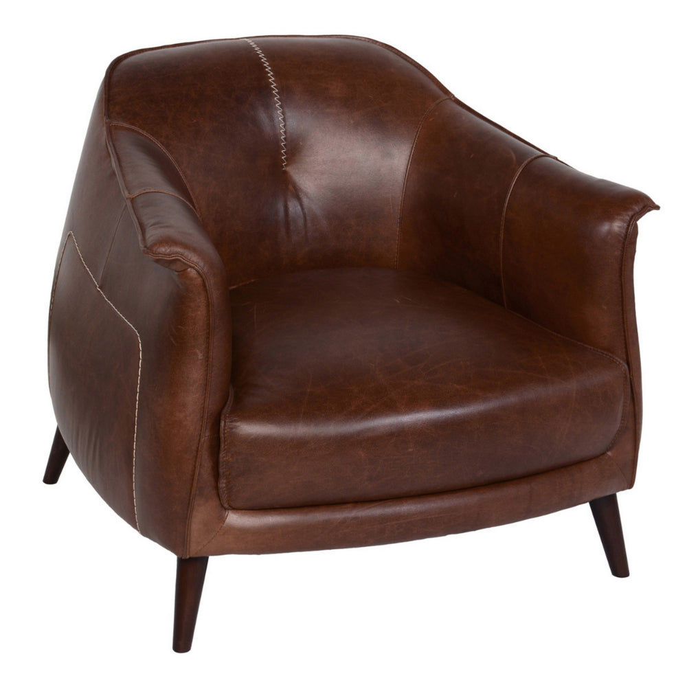 Benzara 32 Inch Leather Club Accent Chair, Curved Backrest, Round Wood Legs, Brown BM294927