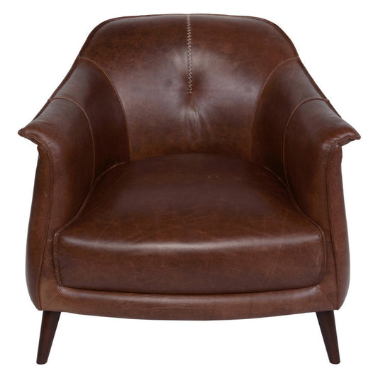 Benzara 32 Inch Leather Club Accent Chair, Curved Backrest, Round Wood Legs, Brown BM294927