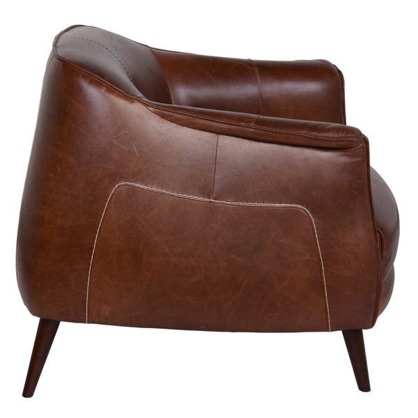 Benzara 32 Inch Leather Club Accent Chair, Curved Backrest, Round Wood Legs, Brown BM294927