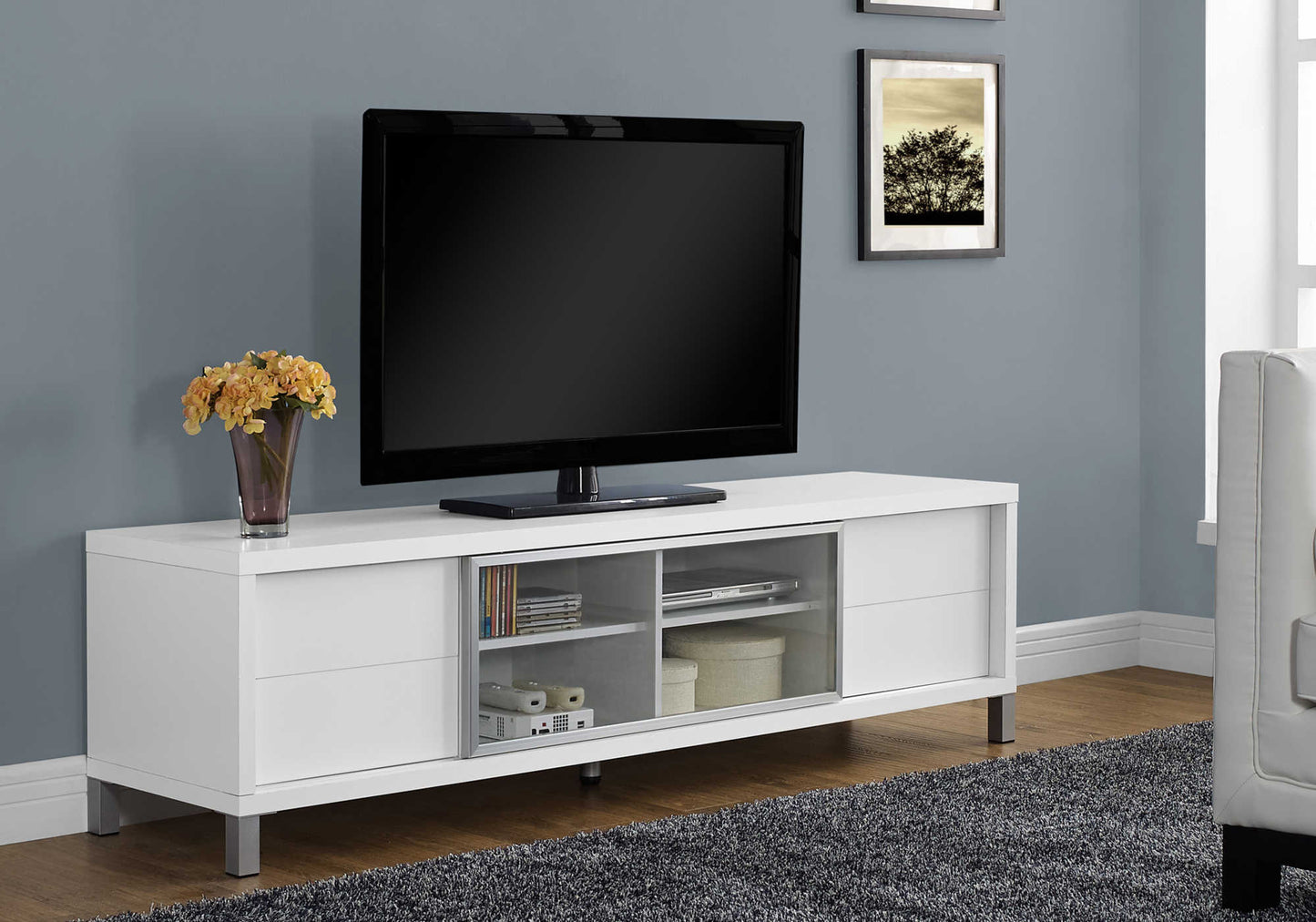 Monarch Specialties Tv Stand, 71 Inch, Console, Media Entertainment Center, White Laminate, Grey Metal, Contemporary, Modern I 2537