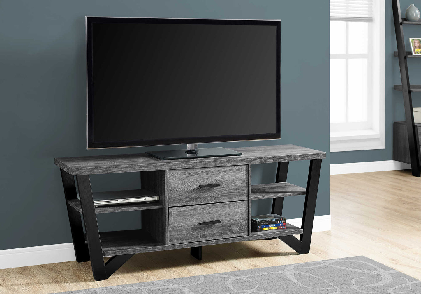 Monarch Specialties Tv Stand, 60 Inch, Console, Media Entertainment Center, Storage Cabinet, Grey And Black Laminate, Contemporary, Modern I 2762