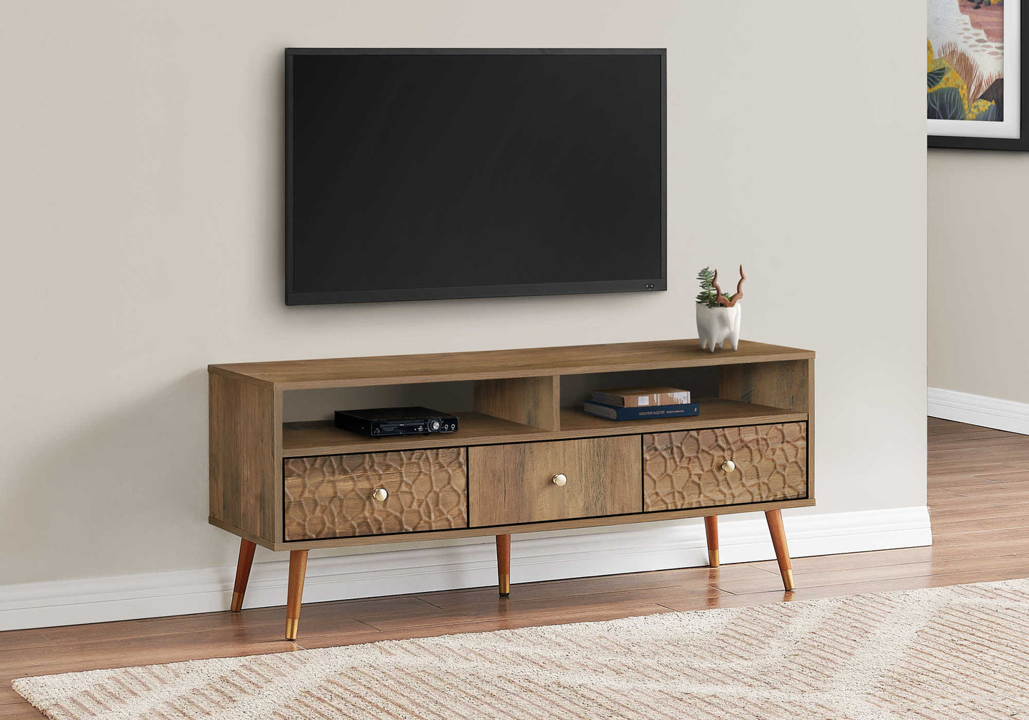 Monarch Specialties Tv Stand, 48 Inch, Media Entertainment Center, Storage Cabinet, Walnut Laminate, Wood Legs, Mid Century I 2835