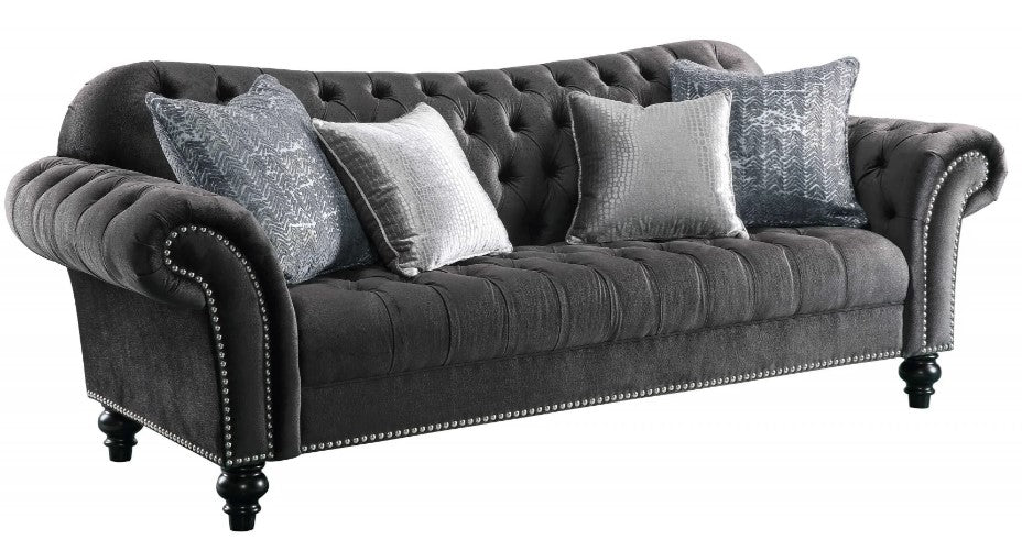 Homeroots 96" X 37" X 37" Dark Gray Velvet Sofa w4 Pillows 318830