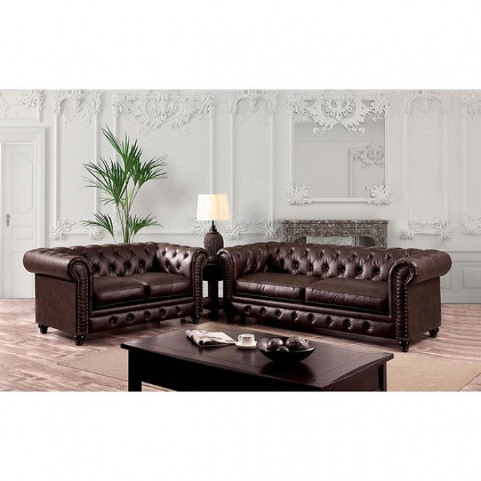 Furniture of America Renett Traditional Fabric Tufted Tuxedo Sofa in Brown IDF-6269BR-SF