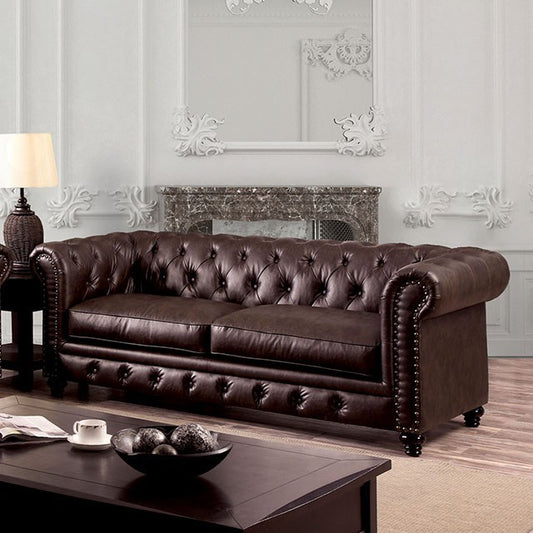 Furniture of America Renett Traditional Fabric Tufted Tuxedo Sofa in Brown IDF-6269BR-SF