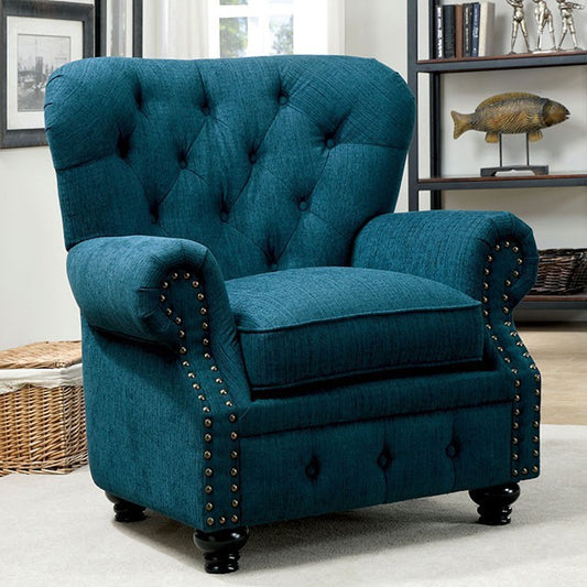 Furniture of America Stacy Traditional Button Tufted Arm Chair in Dark Teal IDF-6269TL-CH