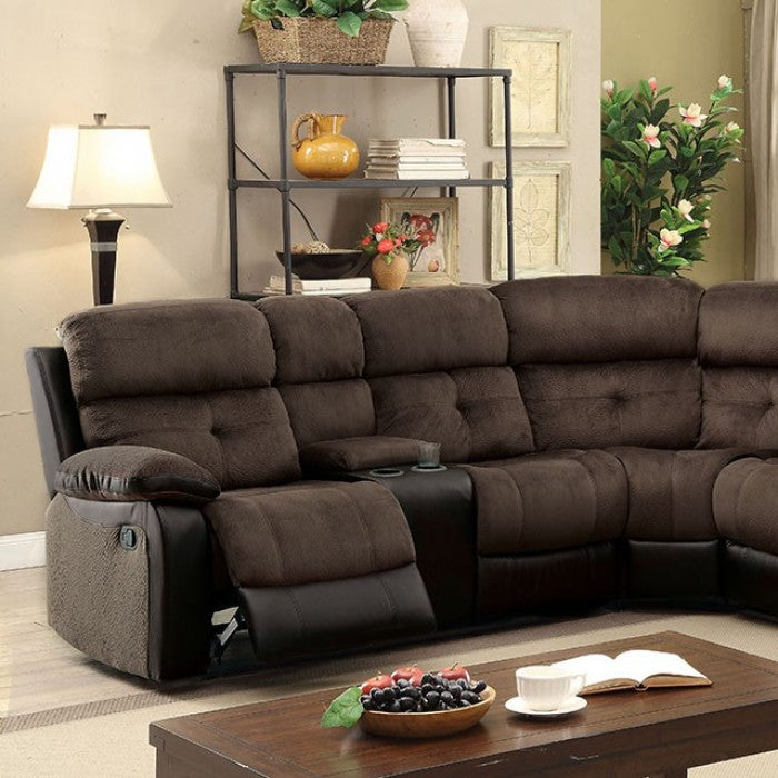 Furniture of America Roxan Transitional Champion Fabric and Faux Leather Reclining Sectional with 2 Consoles IDF-6871-SEC