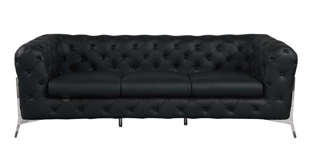 Homeroots 93" Genuine Tufted Leather and Chrome Standard Sofa