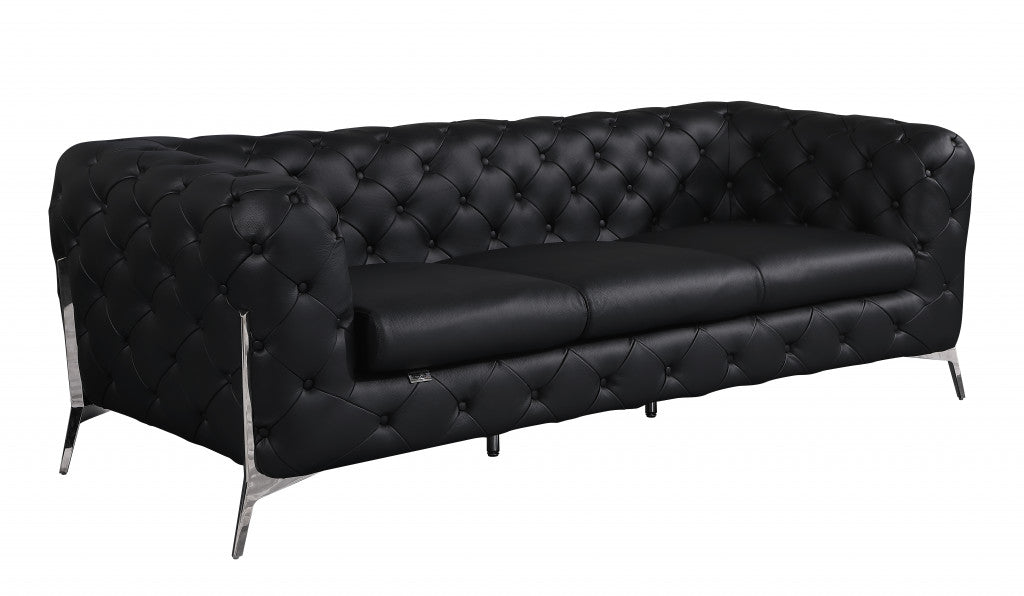 Homeroots 93" Genuine Tufted Leather and Chrome Standard Sofa