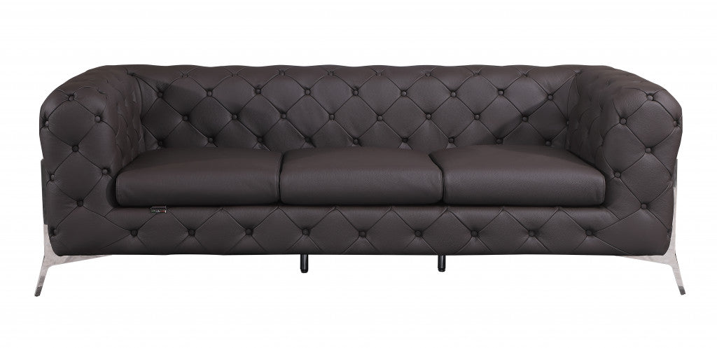 Homeroots 93" Genuine Tufted Leather and Chrome Standard Sofa