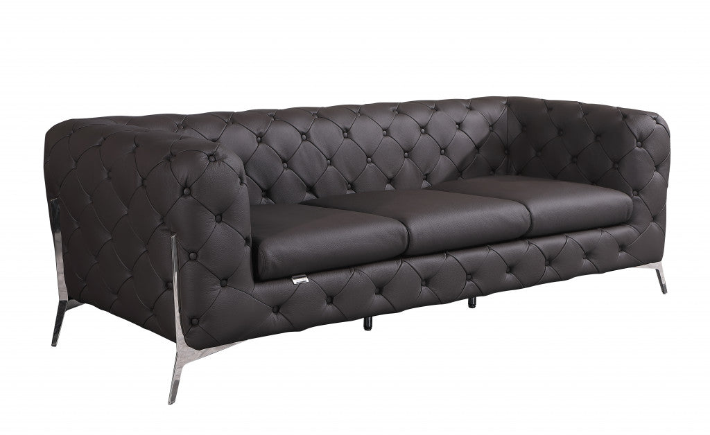 Homeroots 93" Genuine Tufted Leather and Chrome Standard Sofa