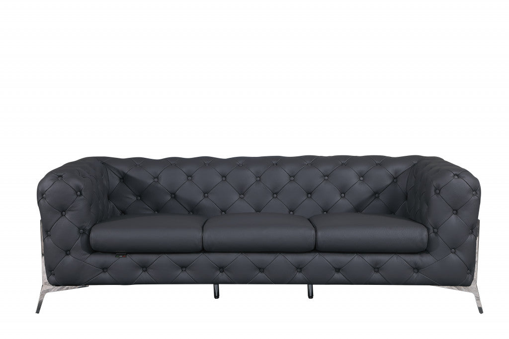 Homeroots 93" Genuine Tufted Leather and Chrome Standard Sofa