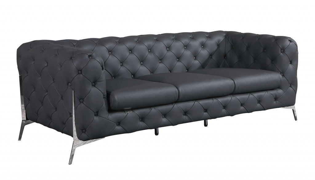 Homeroots 93" Genuine Tufted Leather and Chrome Standard Sofa