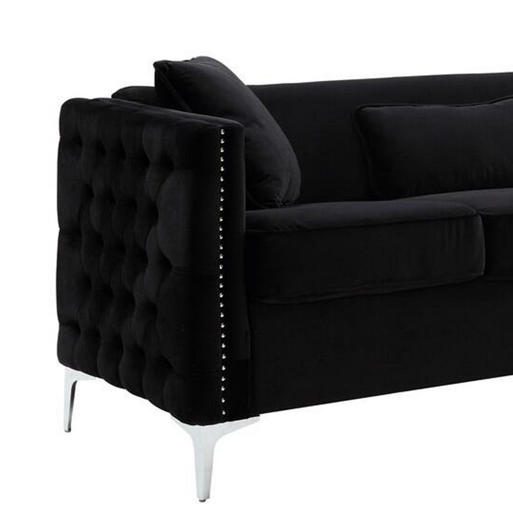 Benzara Joel 73 Inch Modern Sofa with 3 Pillows, Tufted Velvet, Silver Legs