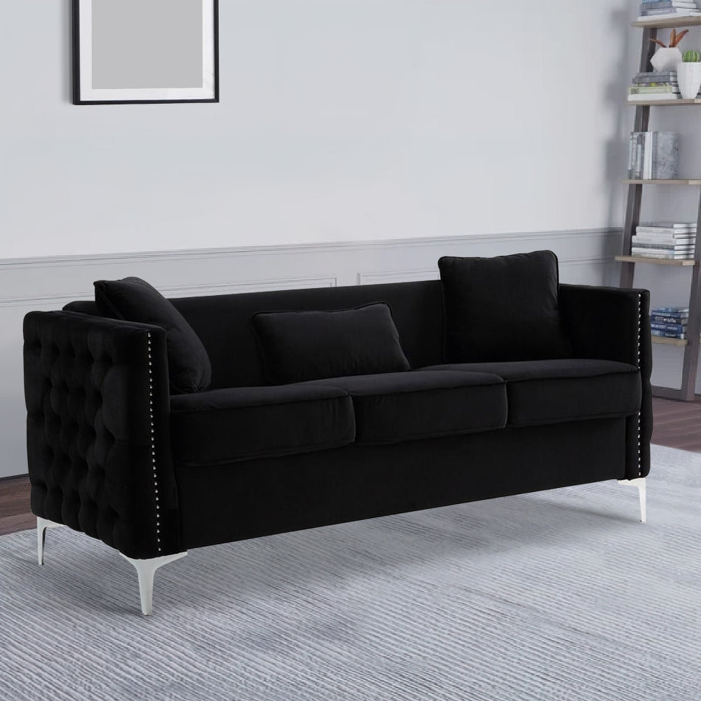 Benzara Joel 73 Inch Modern Sofa with 3 Pillows, Tufted Velvet, Silver Legs