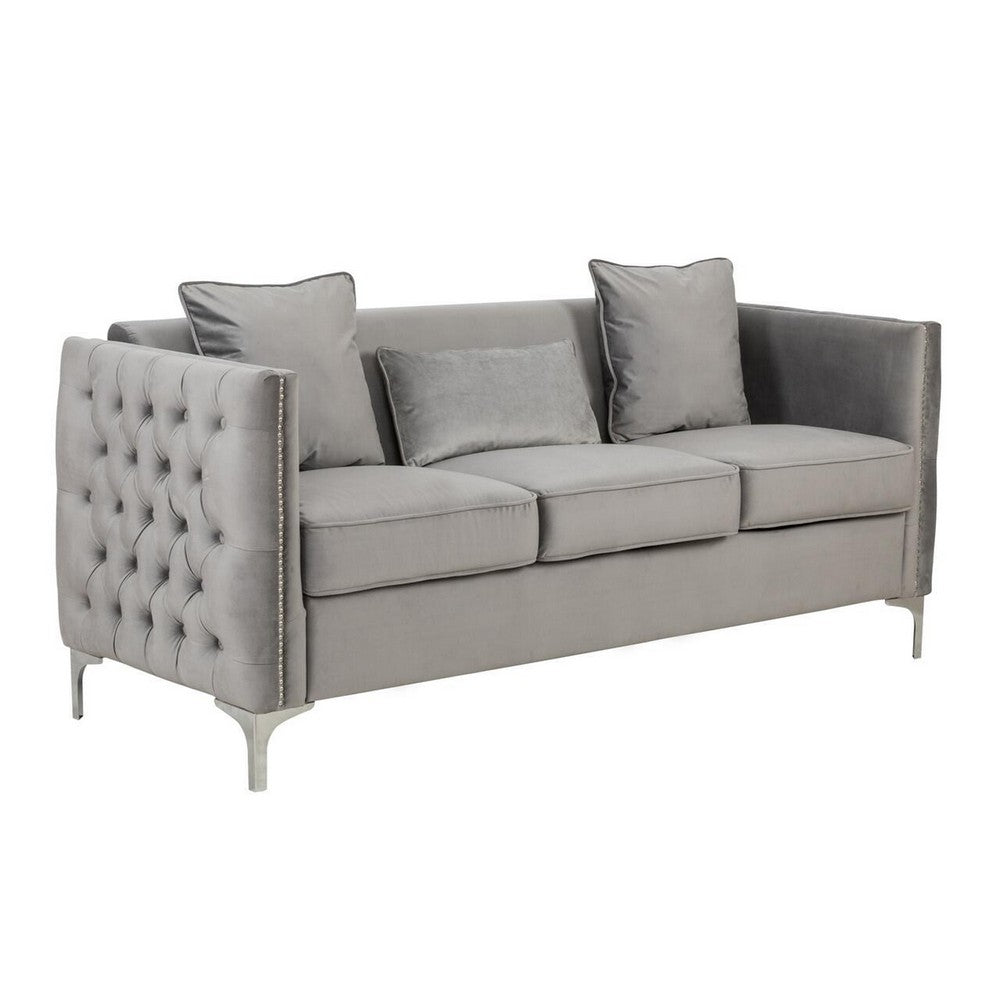 Benzara Joel 73 Inch Modern Sofa with 3 Pillows, Tufted Velvet, Silver Legs