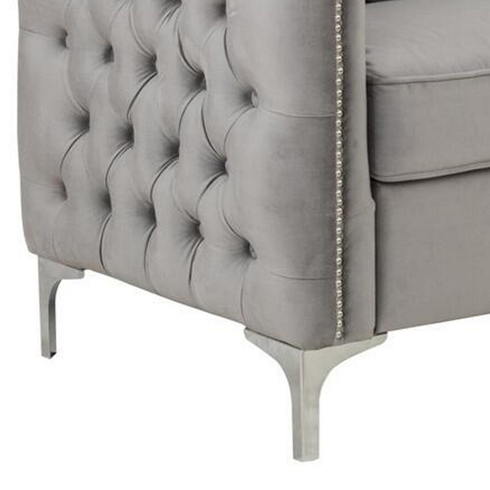 Benzara Joel 73 Inch Modern Sofa with 3 Pillows, Tufted Velvet, Silver Legs