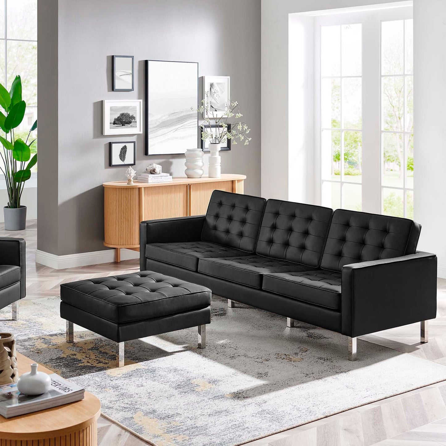 Modway Loft Tufted Vegan Leather Sofa and Ottoman Set