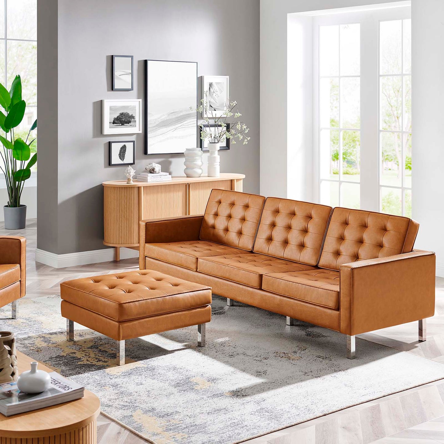 Modway Loft Tufted Vegan Leather Sofa and Ottoman Set