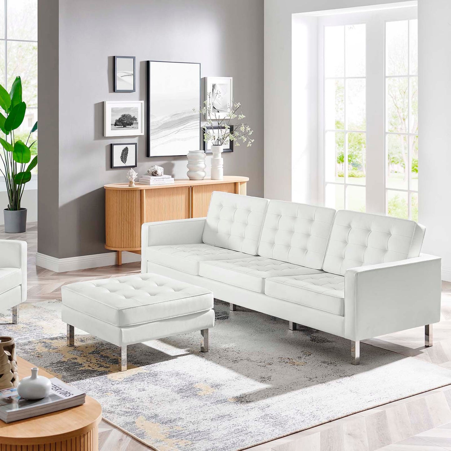 Modway Loft Tufted Vegan Leather Sofa and Ottoman Set