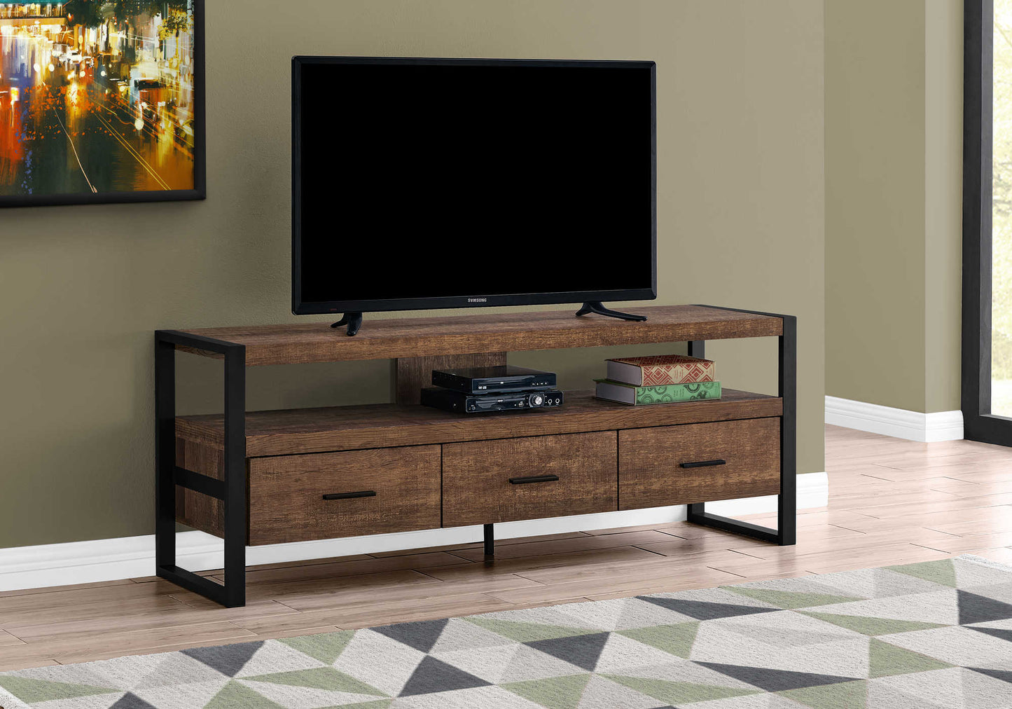 Monarch Specialties Tv Stand, 60 Inch, Media Entertainment Center, Storage Drawers, Black Metal, Contemporary, Modern