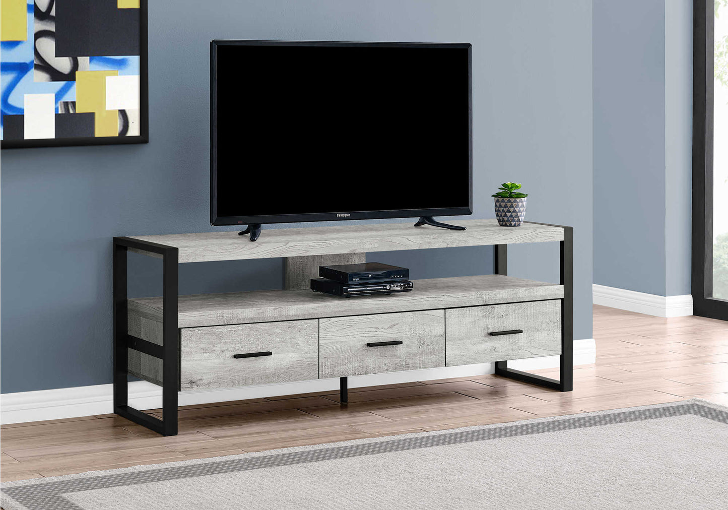 Monarch Specialties Tv Stand, 60 Inch, Media Entertainment Center, Storage Drawers, Black Metal, Contemporary, Modern