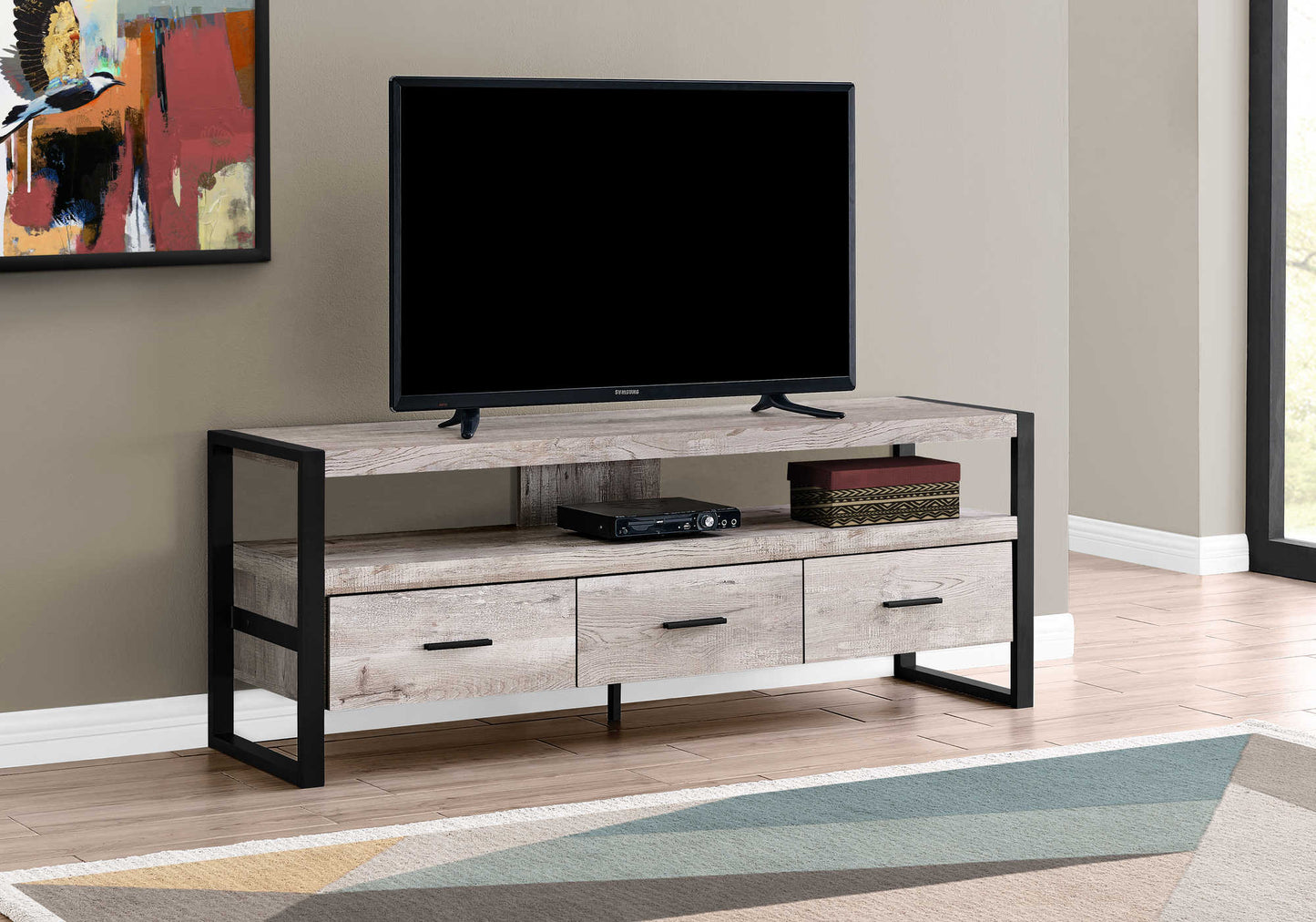 Monarch Specialties Tv Stand, 60 Inch, Media Entertainment Center, Storage Drawers, Black Metal, Contemporary, Modern