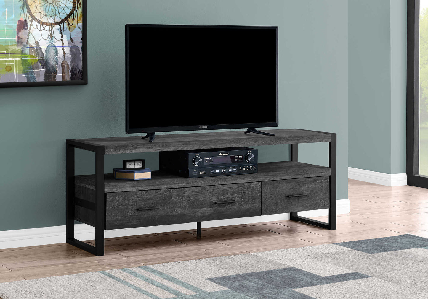 Monarch Specialties Tv Stand, 60 Inch, Media Entertainment Center, Storage Drawers, Black Metal, Contemporary, Modern