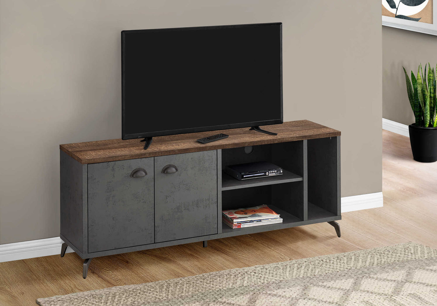 Monarch Specialties Tv Stand, 60 Inch, Console, Media Entertainment Center, Storage Cabinet, Grey Metal, Contemporary, Modern