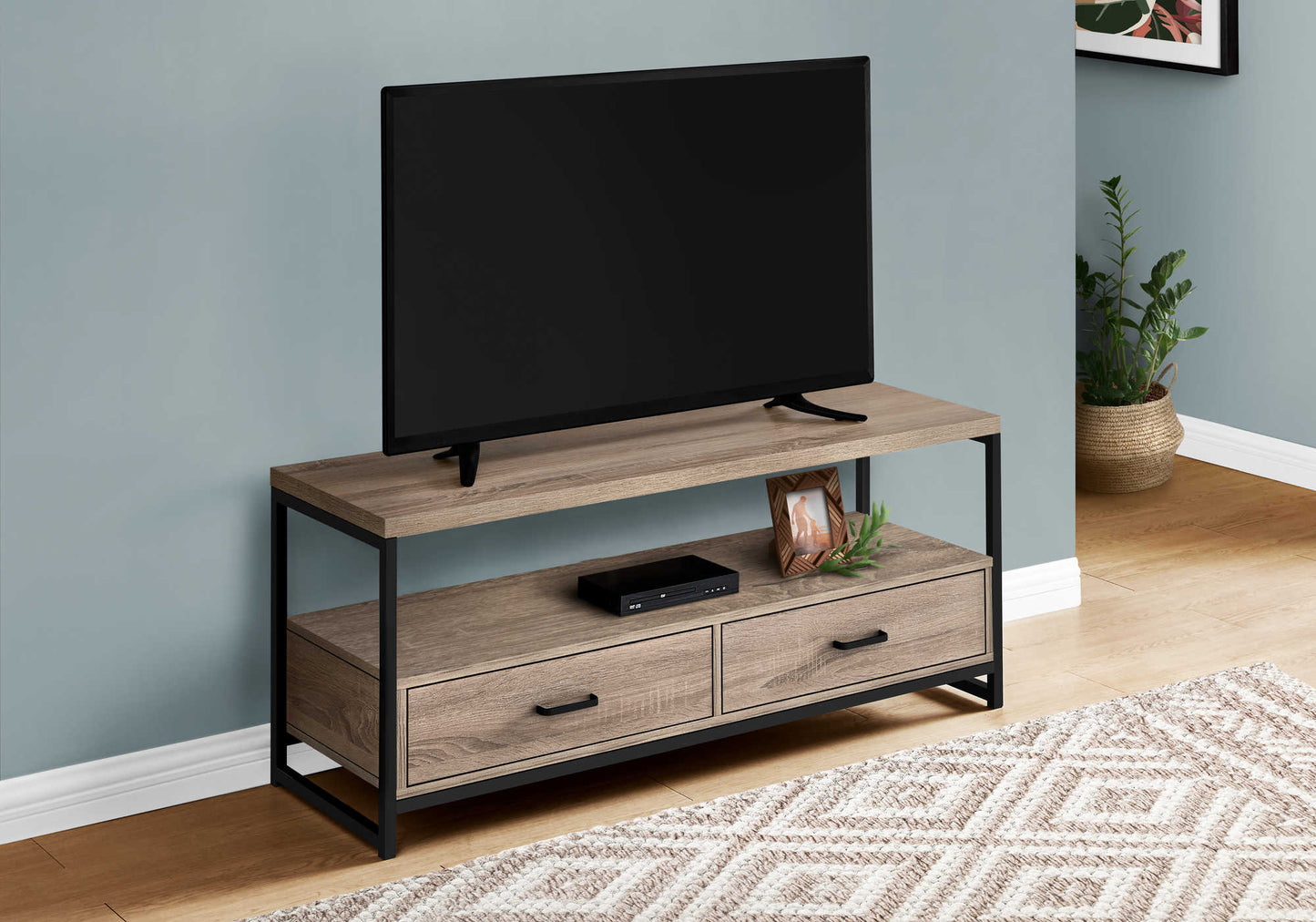 Monarch Specialties Tv Stand, 48 Inch, Media Entertainment Center, Storage Drawers, Black Metal, Contemporary, Modern